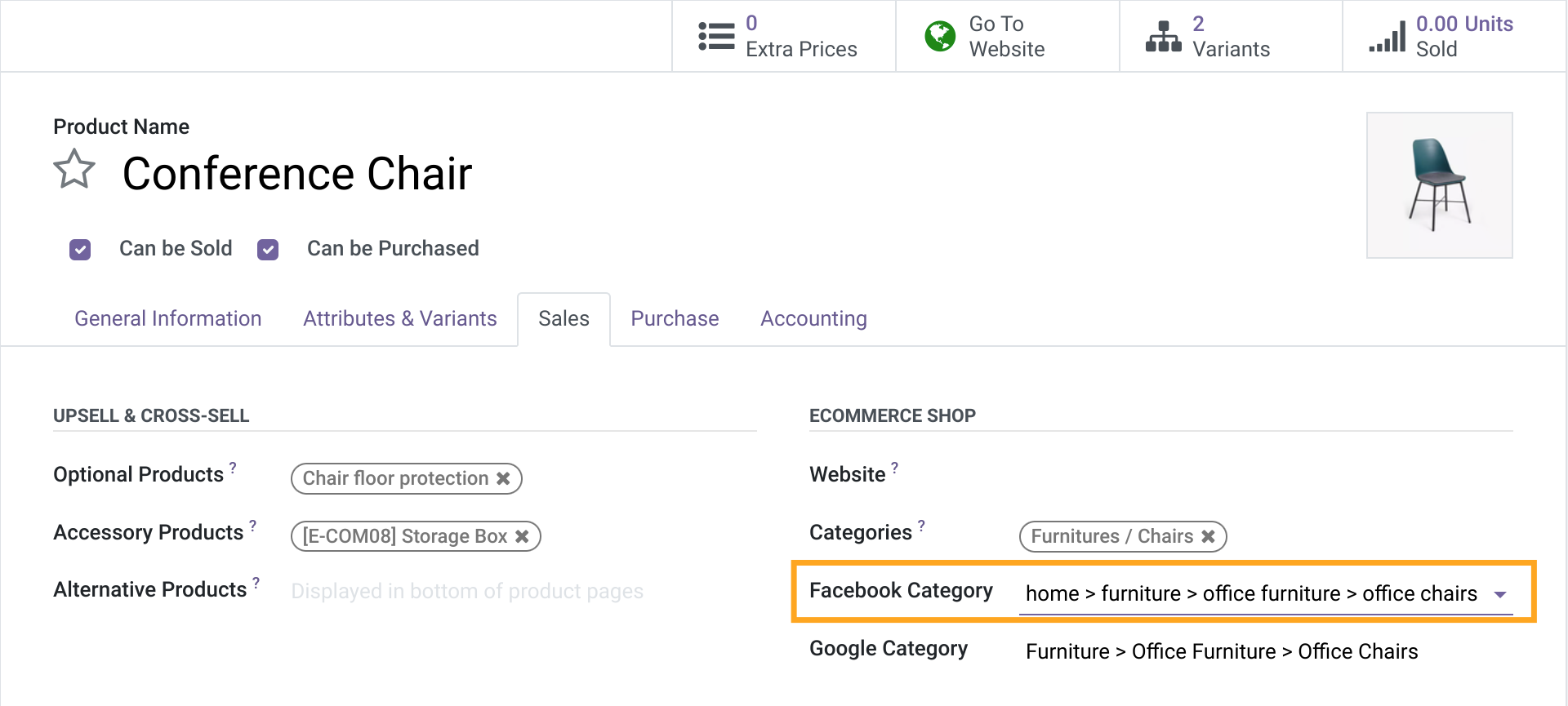 Odoo 17.0 Facebook Product Category setting