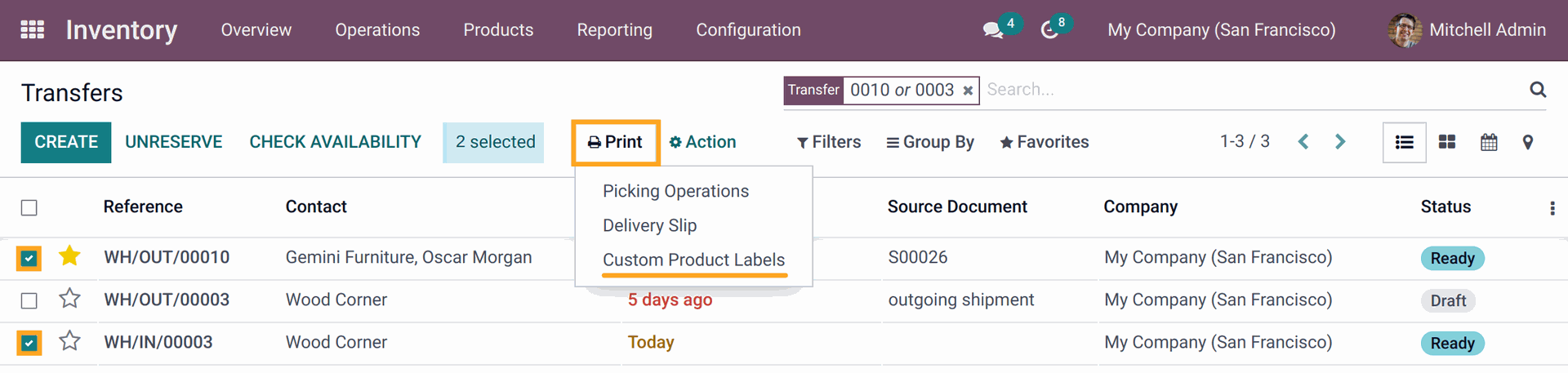 Odoo 14.0 select products to print