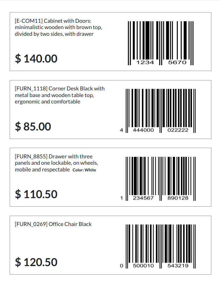 Odoo 15.0 US Letter Custom Product Barcode Labels, 196 x 57 mm
