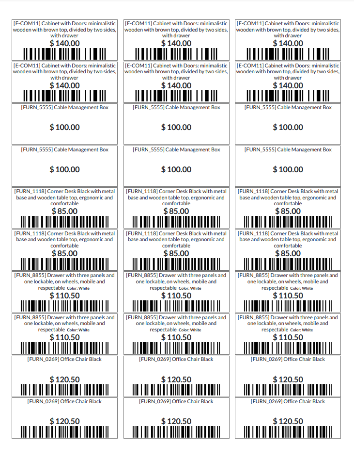 Odoo 15.0 US Letter Custom Product Barcode Label, 66 x 25 mm
