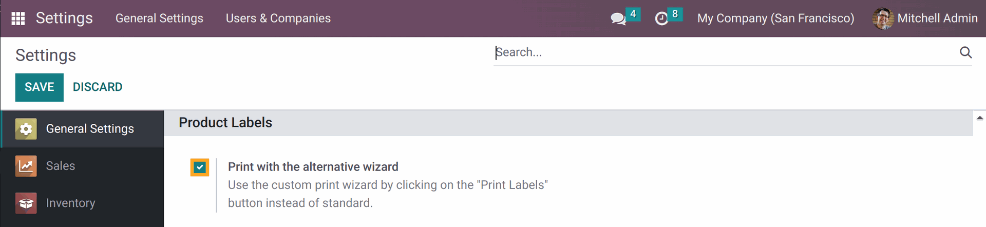 Odoo print product labels by alternative print wizard in 16.0