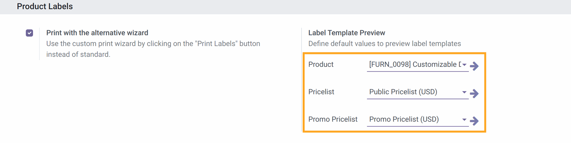 odoo product label preview settings