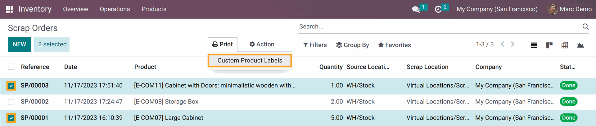 Product label printing from Scrap Orders in Odoo 14.0