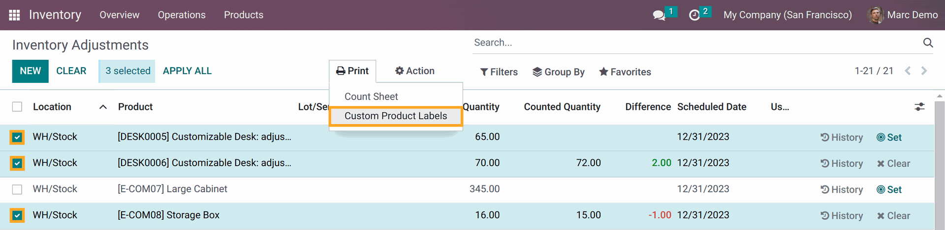 Print product labels from Inventory Adjustments in Odoo 14.0